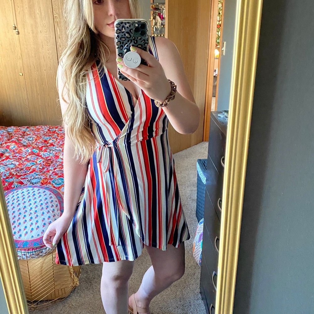 Striped faux wrap cotton dress